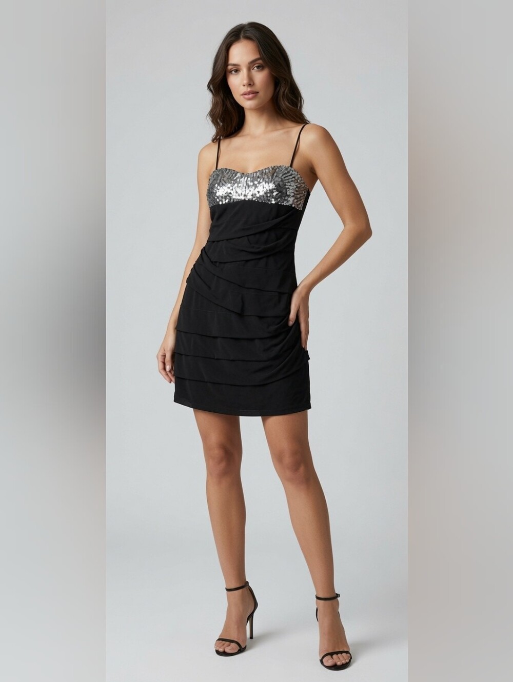 Vintage Deb Sequin Mini‎ Dress S Ruffle Y2K 90s Hoco Prom Siren Empire Coquette